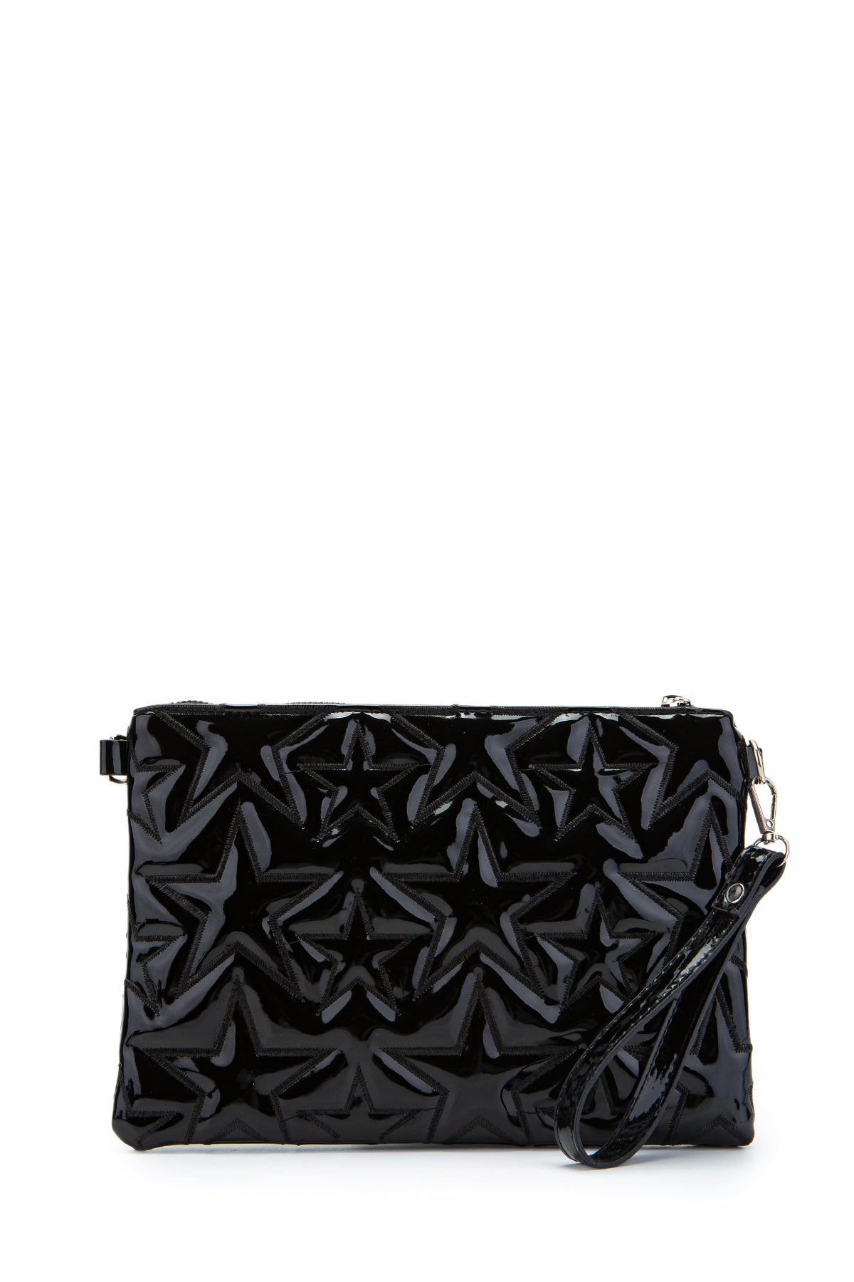 Dikişli Clutch Star Suni Deri Kadın Yıldız Çapraz Çanta Siyah Rugan