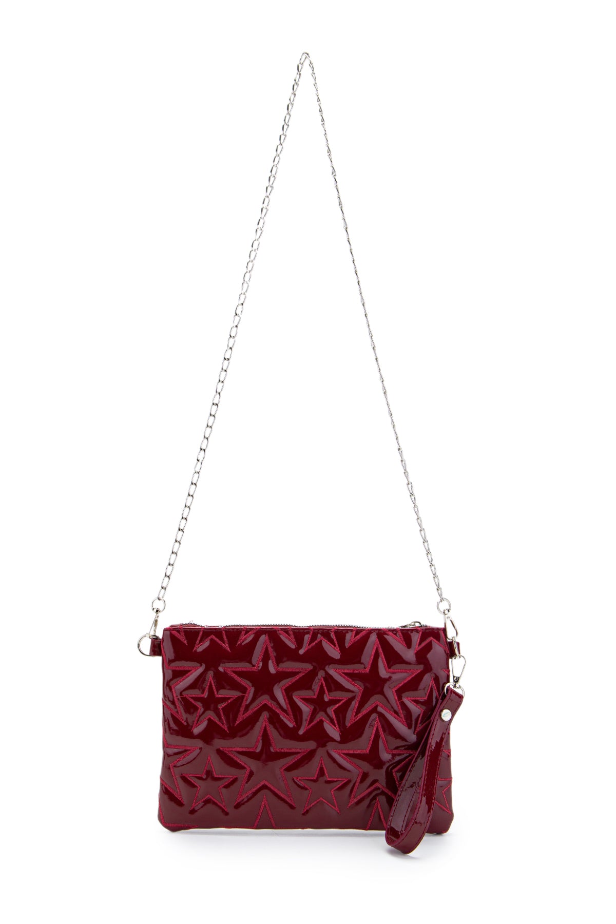 Dikişli Clutch Star Suni Deri Kadın Yıldız Çapraz Çanta Bordo Rugan