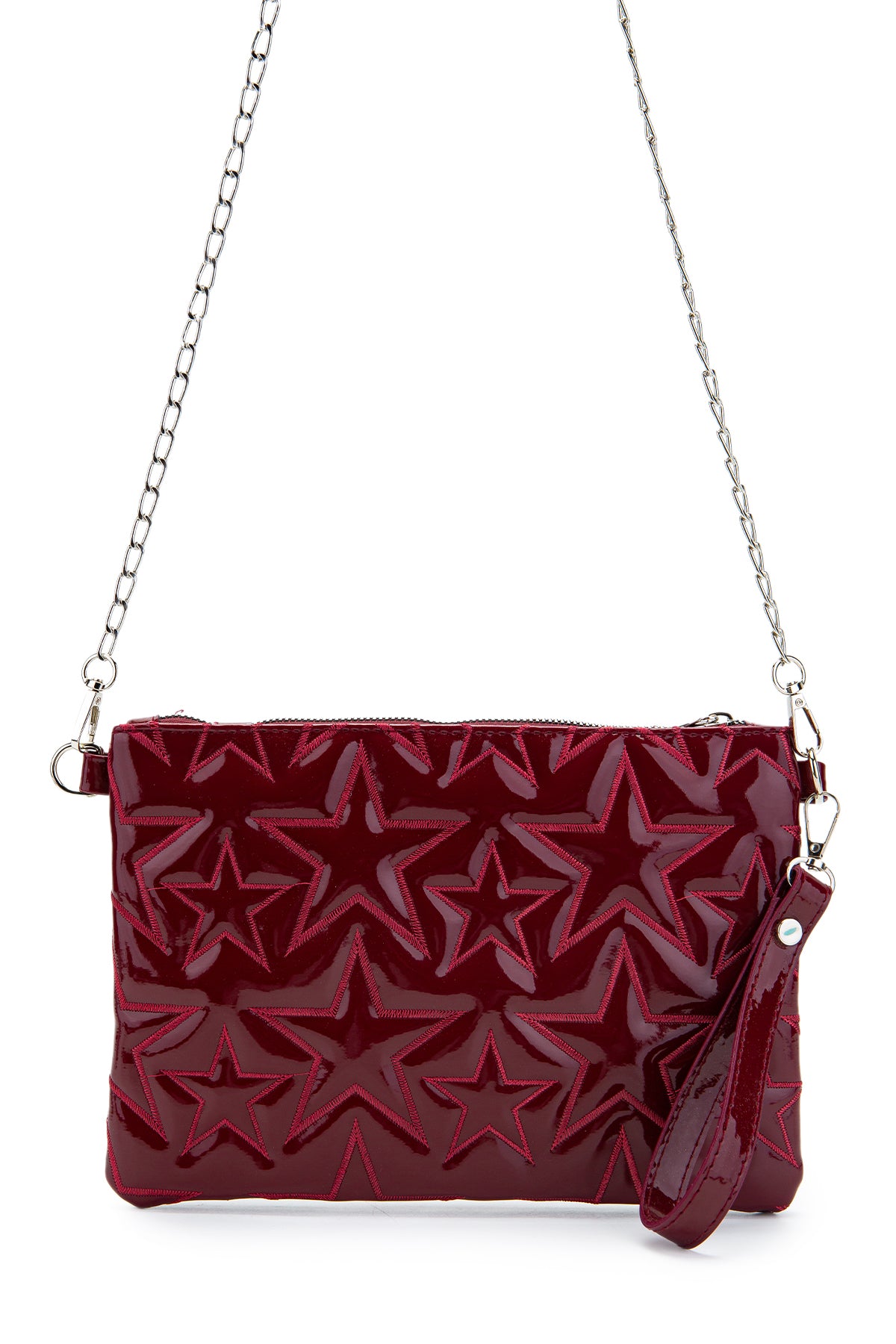 Dikişli Clutch Star Suni Deri Kadın Yıldız Çapraz Çanta Bordo Rugan