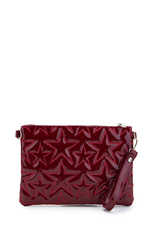 Dikişli Clutch Star Suni Deri Kadın Yıldız Çapraz Çanta Bordo Rugan