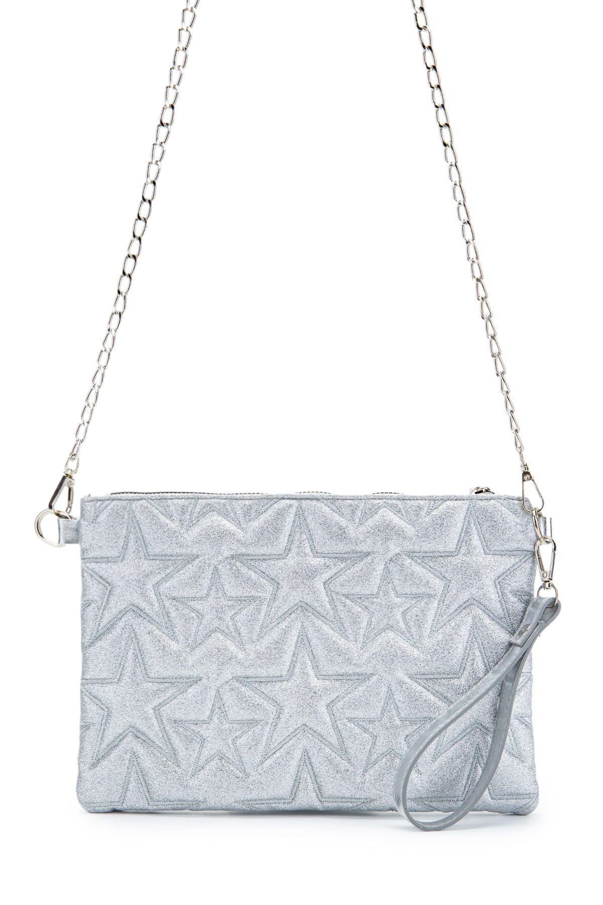 Dikişli Clutch Star Kadın Yıldız Çapraz Çanta Simli Gümüş