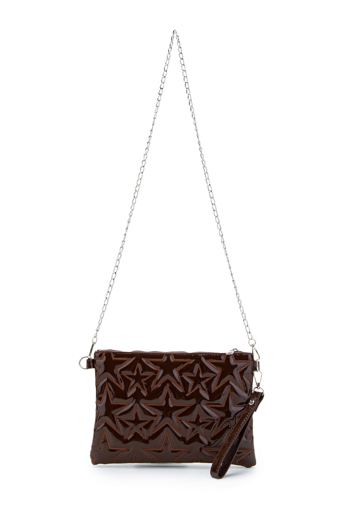 Dikişli Clutch Star Suni Deri Kadın Yıldız Çapraz Çanta Kahve Rugan