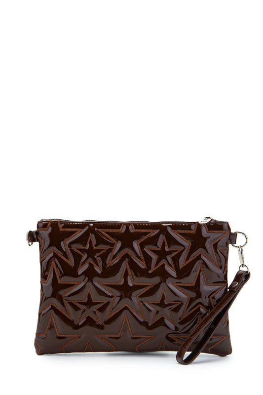 Dikişli Clutch Star Suni Deri Kadın Yıldız Çapraz Çanta Kahve Rugan