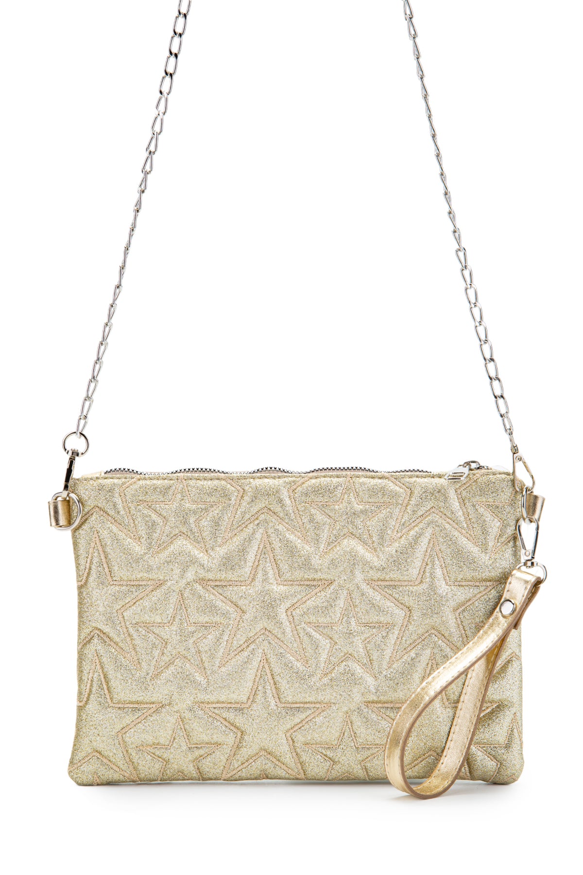 Dikişli Clutch Star Kadın Yıldız Çapraz Çanta Simli Gold