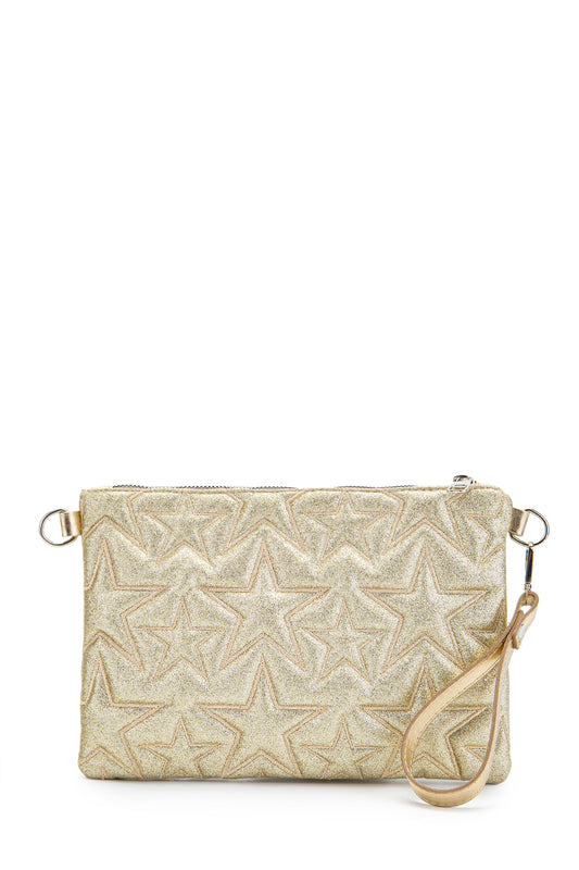 Dikişli Clutch Star Kadın Yıldız Çapraz Çanta Simli Gold