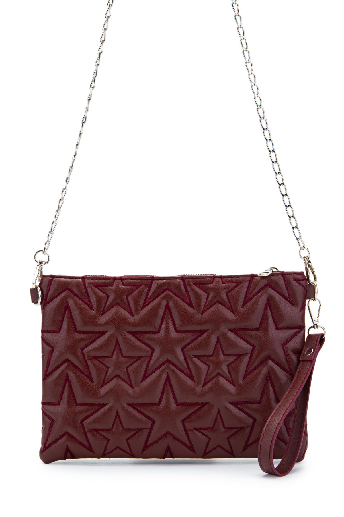 Dikişli Clutch Star Suni Deri Kadın Yıldız Çapraz Çanta Bordo