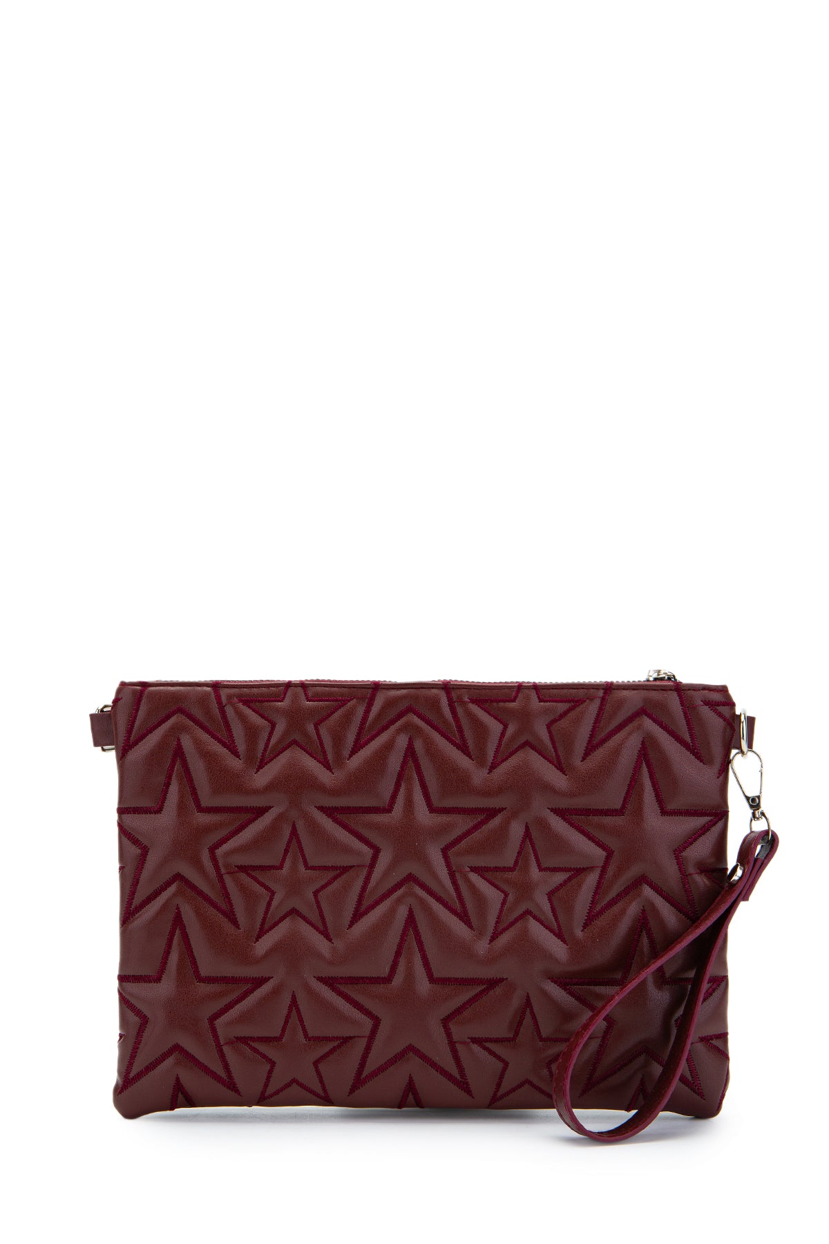 Dikişli Clutch Star Suni Deri Kadın Yıldız Çapraz Çanta Bordo