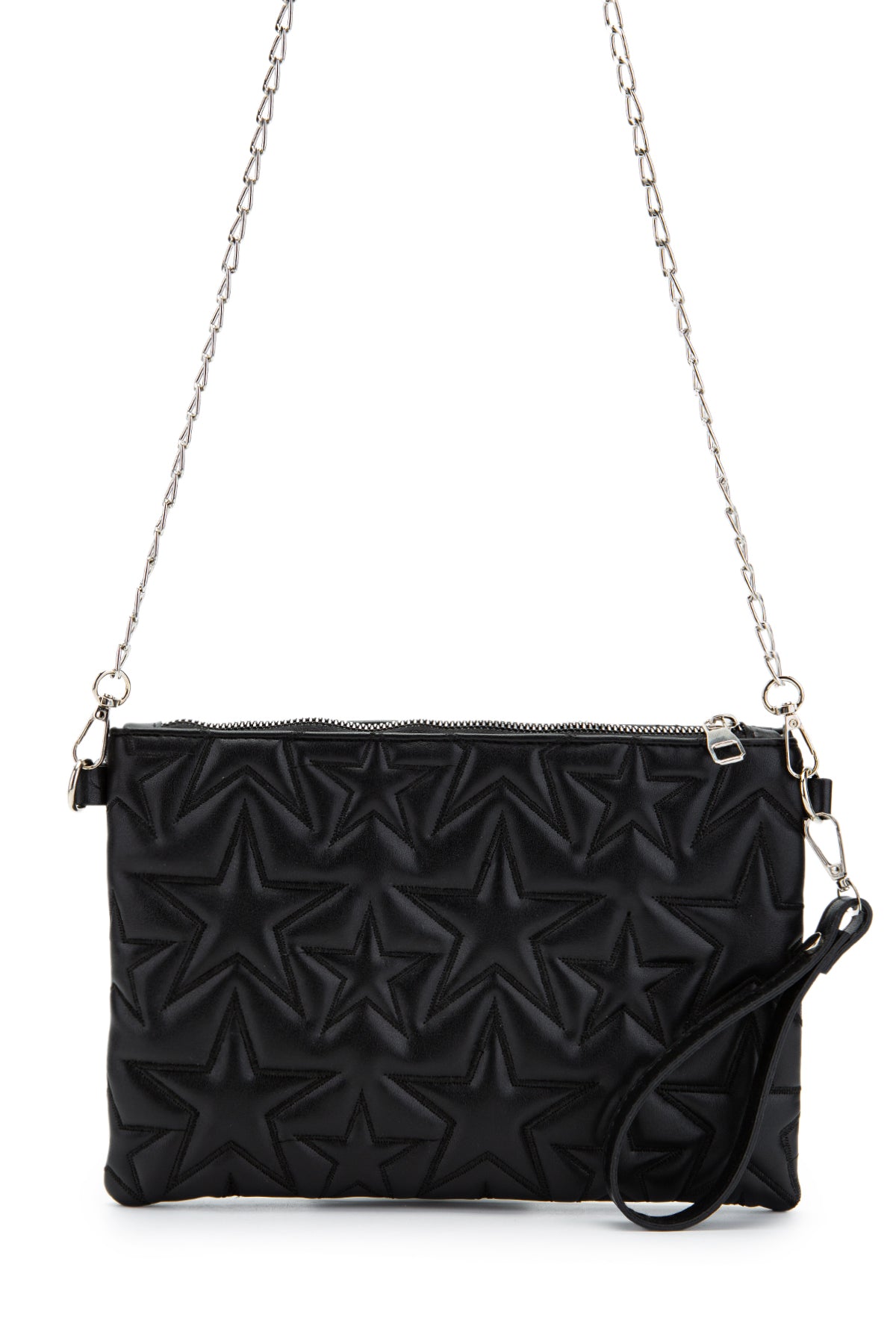 Dikişli Clutch Star Suni Deri Kadın Yıldız Çapraz Çanta Siyah