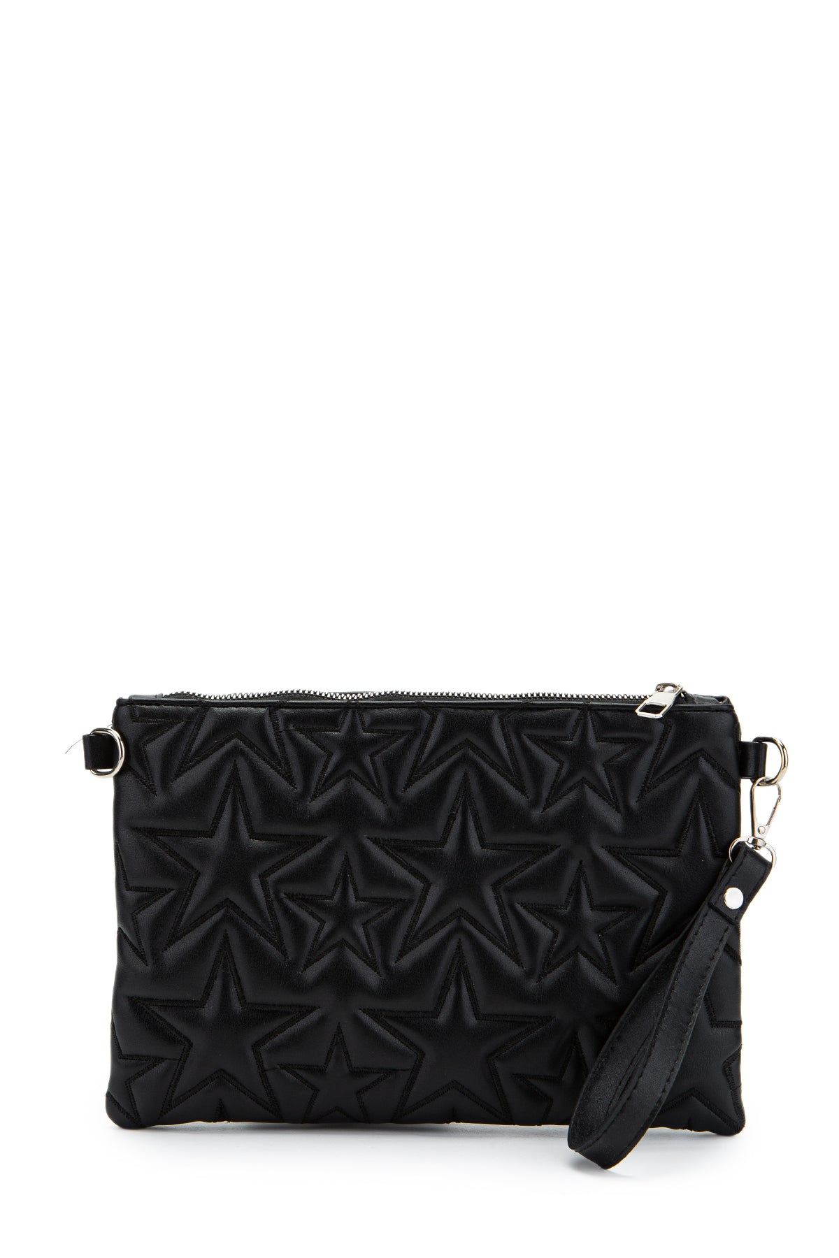 Dikişli Clutch Star Suni Deri Kadın Yıldız Çapraz Çanta Siyah