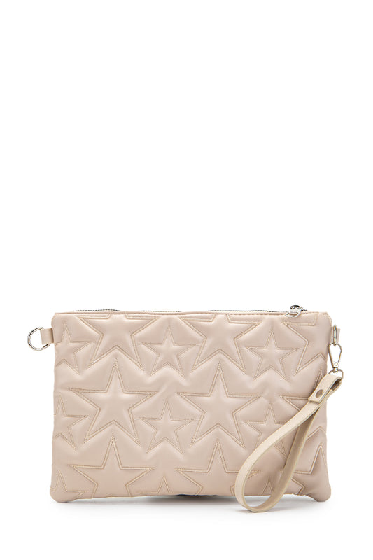 Dikişli Clutch Star Suni Deri Kadın Yıldız Çapraz Çanta Bej