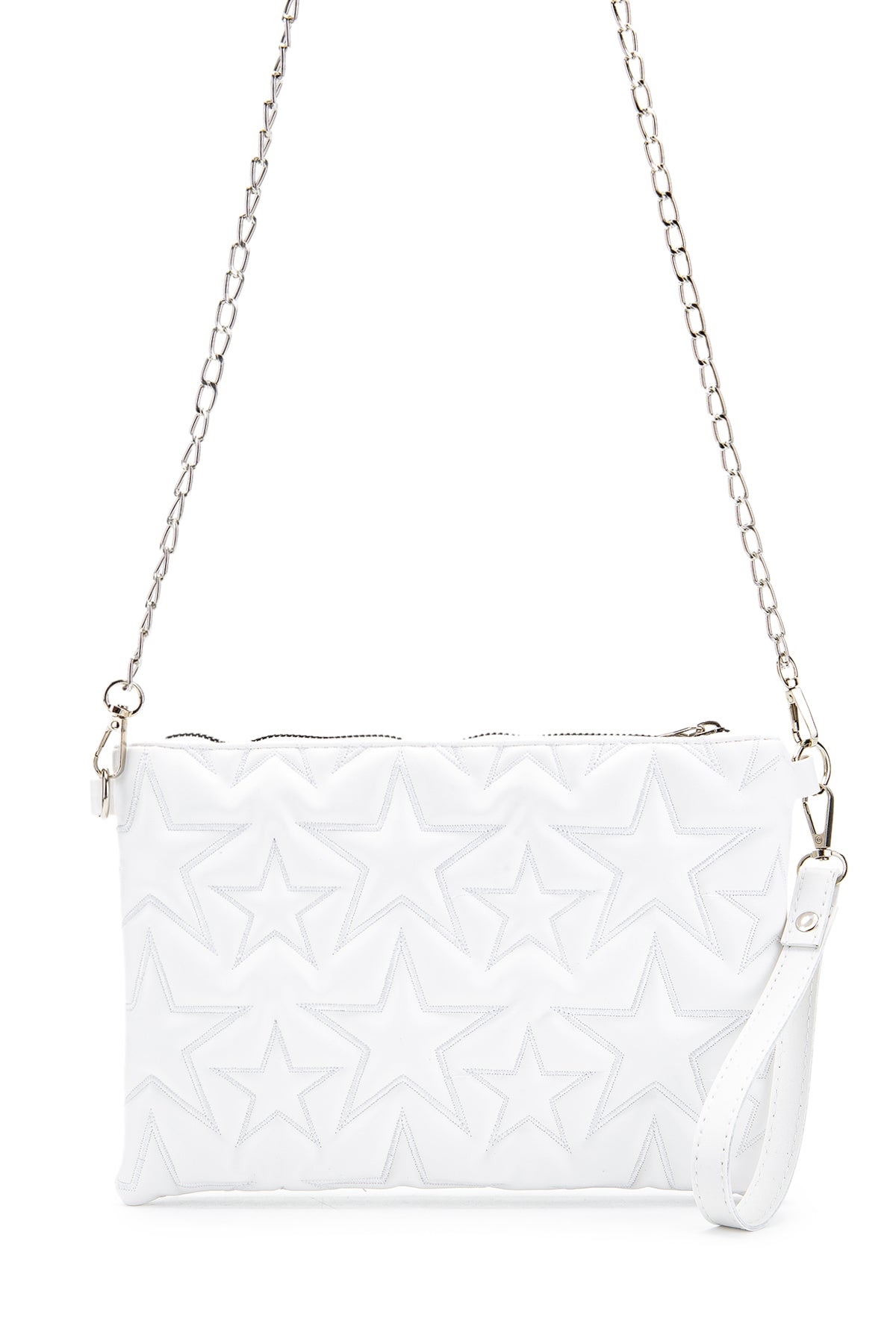 Dikişli Clutch Star Suni Deri Kadın Yıldız Çapraz Çanta Beyaz