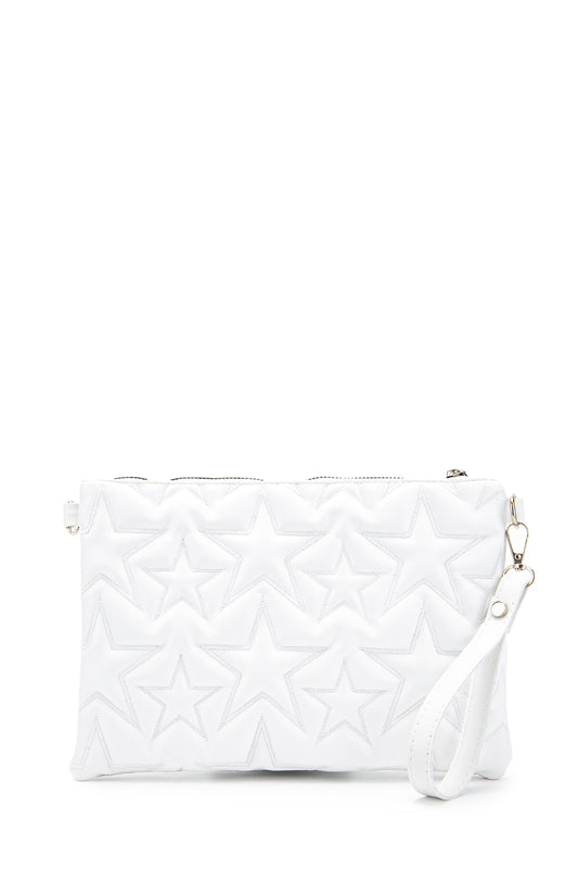 Dikişli Clutch Star Suni Deri Kadın Yıldız Çapraz Çanta Beyaz
