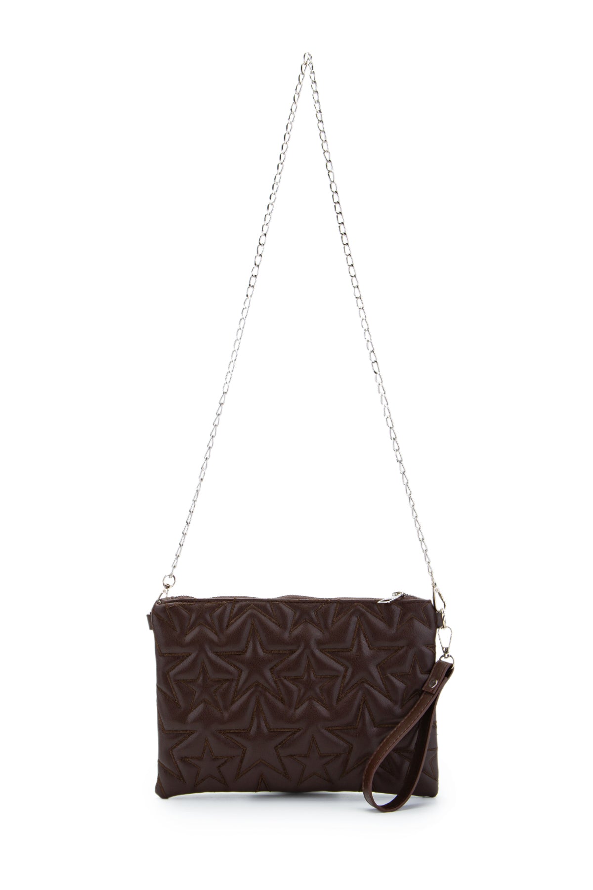 Dikişli Clutch Star Suni Deri Kadın Yıldız Çapraz Çanta Kahverengi