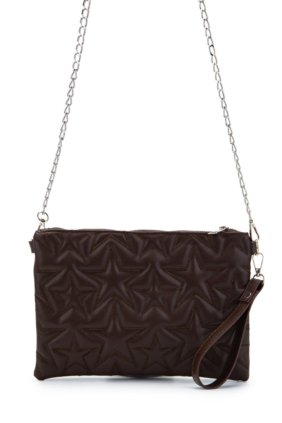 Dikişli Clutch Star Suni Deri Kadın Yıldız Çapraz Çanta Kahverengi