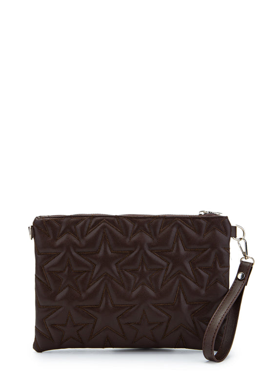 Dikişli Clutch Star Suni Deri Kadın Yıldız Çapraz Çanta Kahverengi
