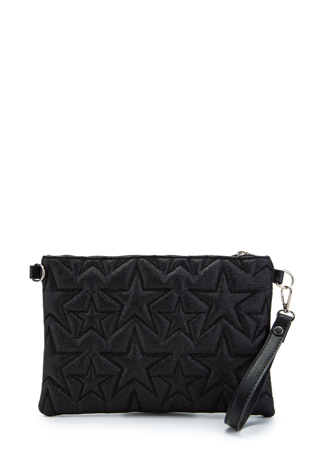 Dikişli Clutch Star Kadın Yıldız Çapraz Çanta Simli Siyah