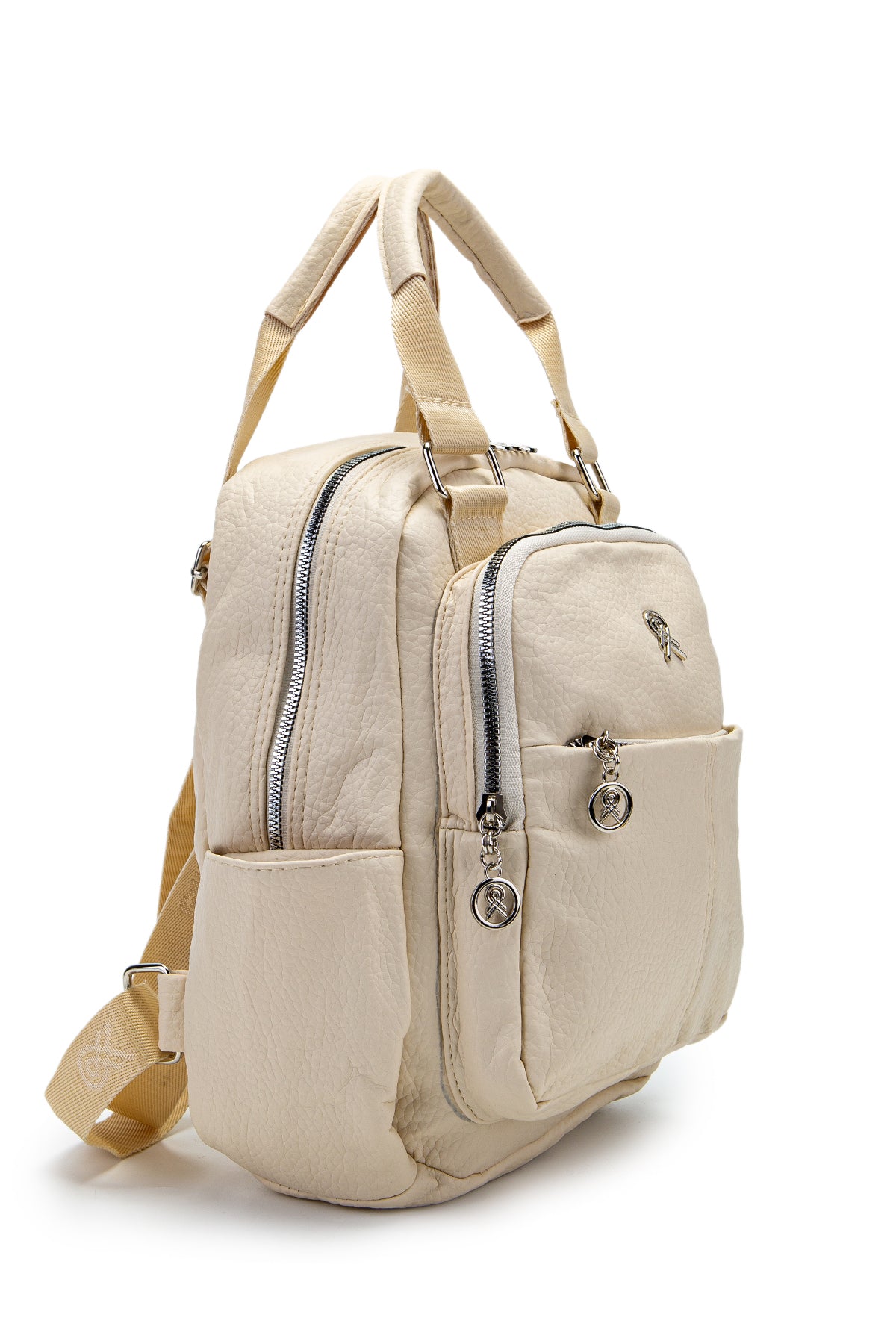 Çok Gözlü Suni Deri Bucky Sırt Çantası Krem