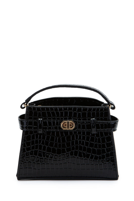 Kilit Aksesuar Kemer Detaylı Jessie Kadın Çapraz Çanta Siyah Croco