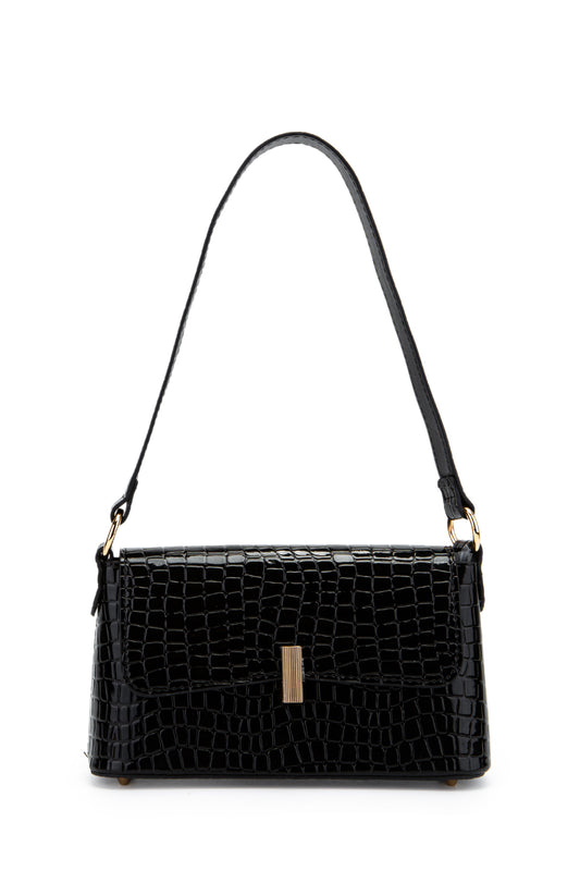 Kapaklı Baget Lara Kadın Kol Çanta Siyah Croco
