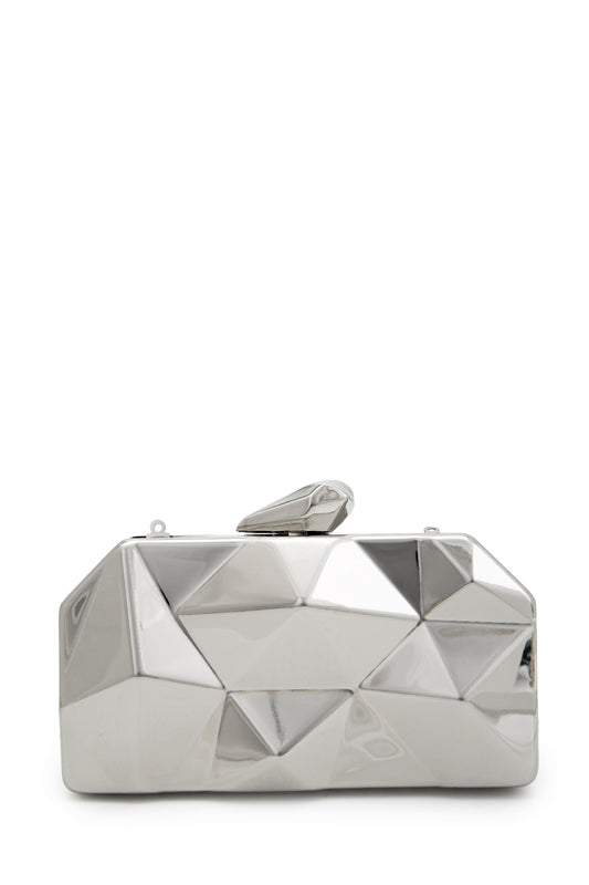 Piramit Model Clutch Kadın Abiye Çanta Belize Gümüş