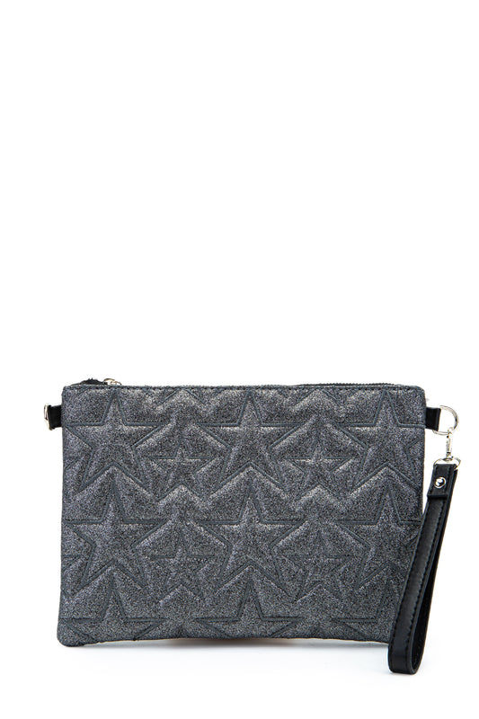 Dikişli Clutch Star Kadın Yıldız Çapraz Çanta Simli Antrasit