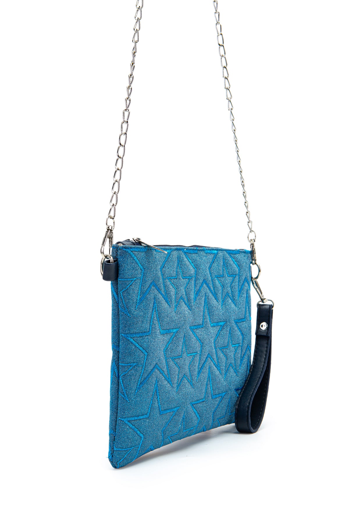 Dikişli Clutch Star Kadın Yıldız Çapraz Çanta Simli Mavi