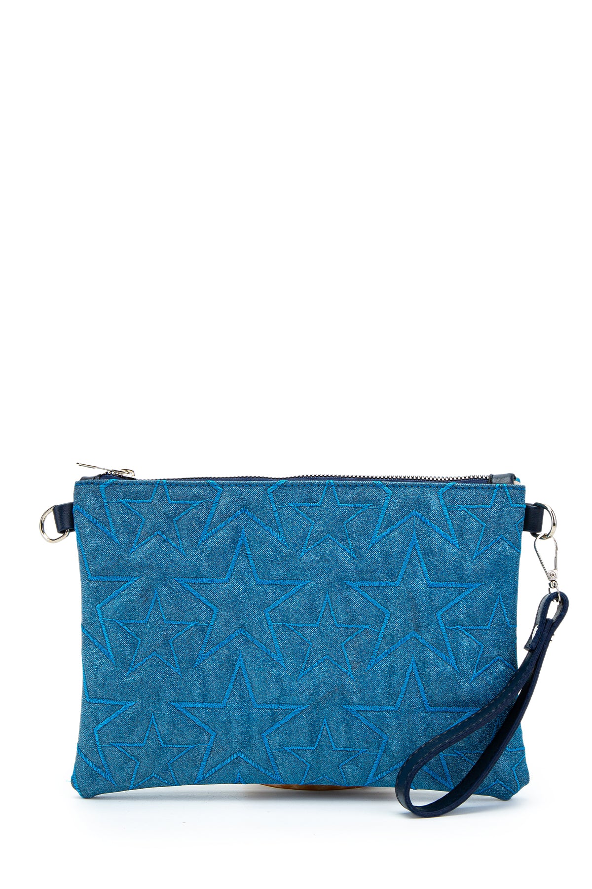 Dikişli Clutch Star Kadın Yıldız Çapraz Çanta Simli Mavi