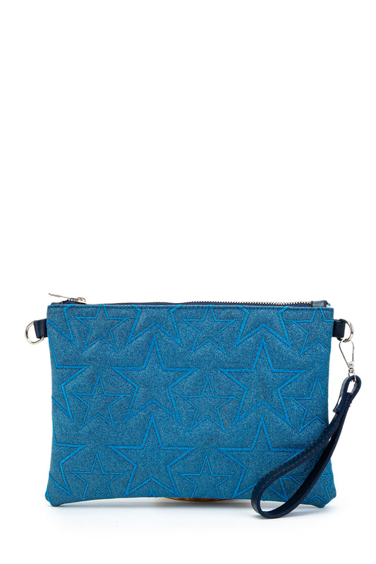 Dikişli Clutch Star Kadın Yıldız Çapraz Çanta Simli Mavi