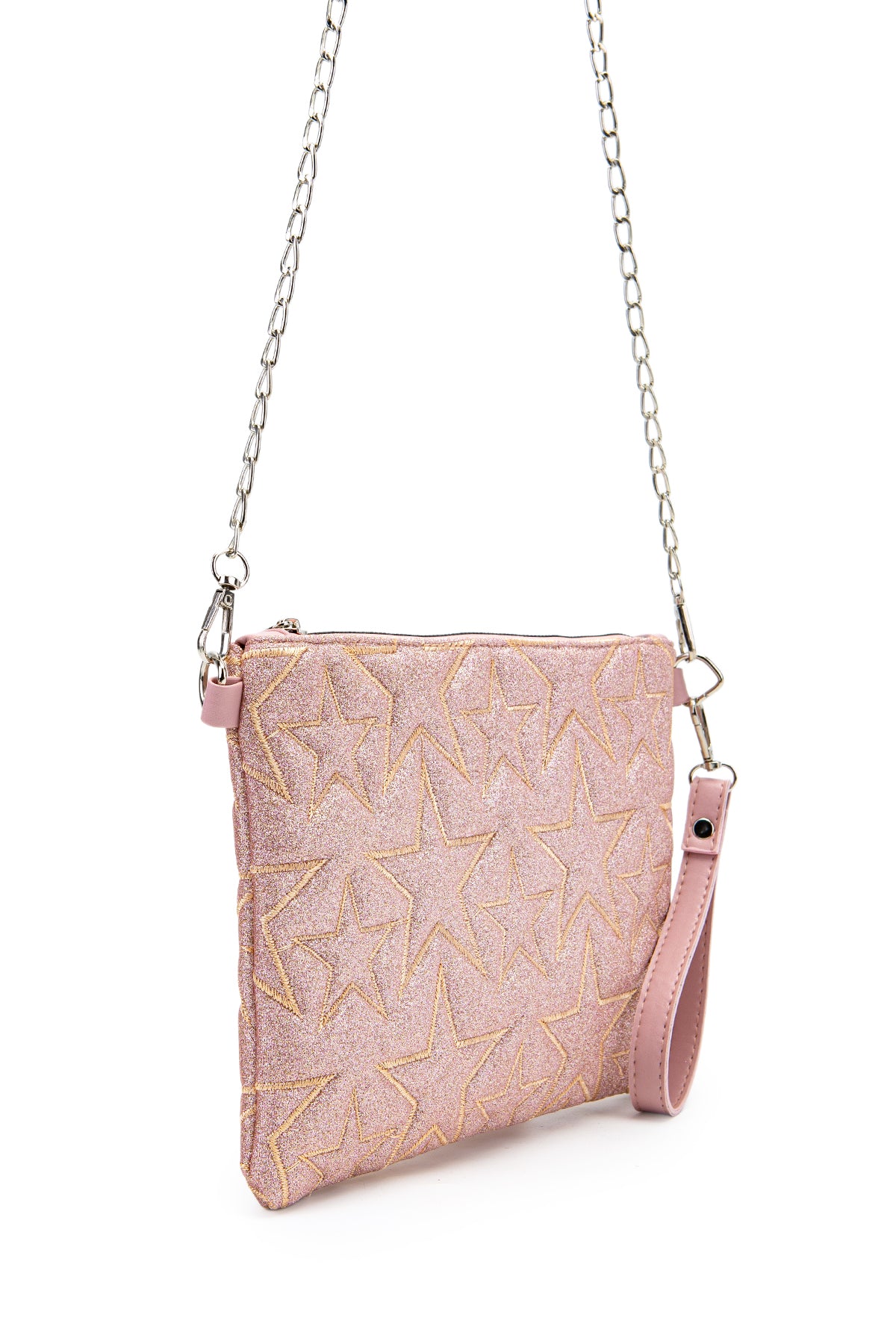 Dikişli Clutch Star Kadın Yıldız Çapraz Çanta Simli Pudra