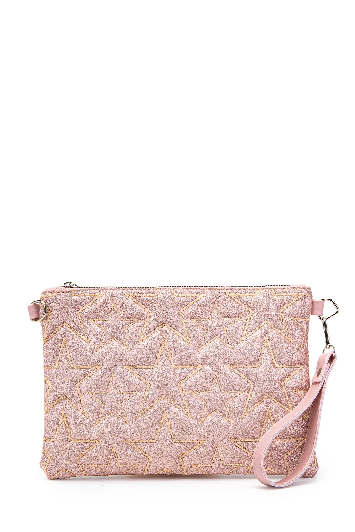 Dikişli Clutch Star Kadın Yıldız Çapraz Çanta Simli Pudra