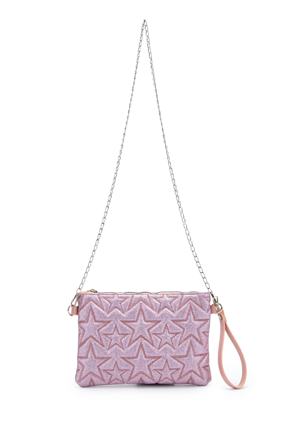 Dikişli Clutch Star Kadın Yıldız Çapraz Çanta Simli Pembe