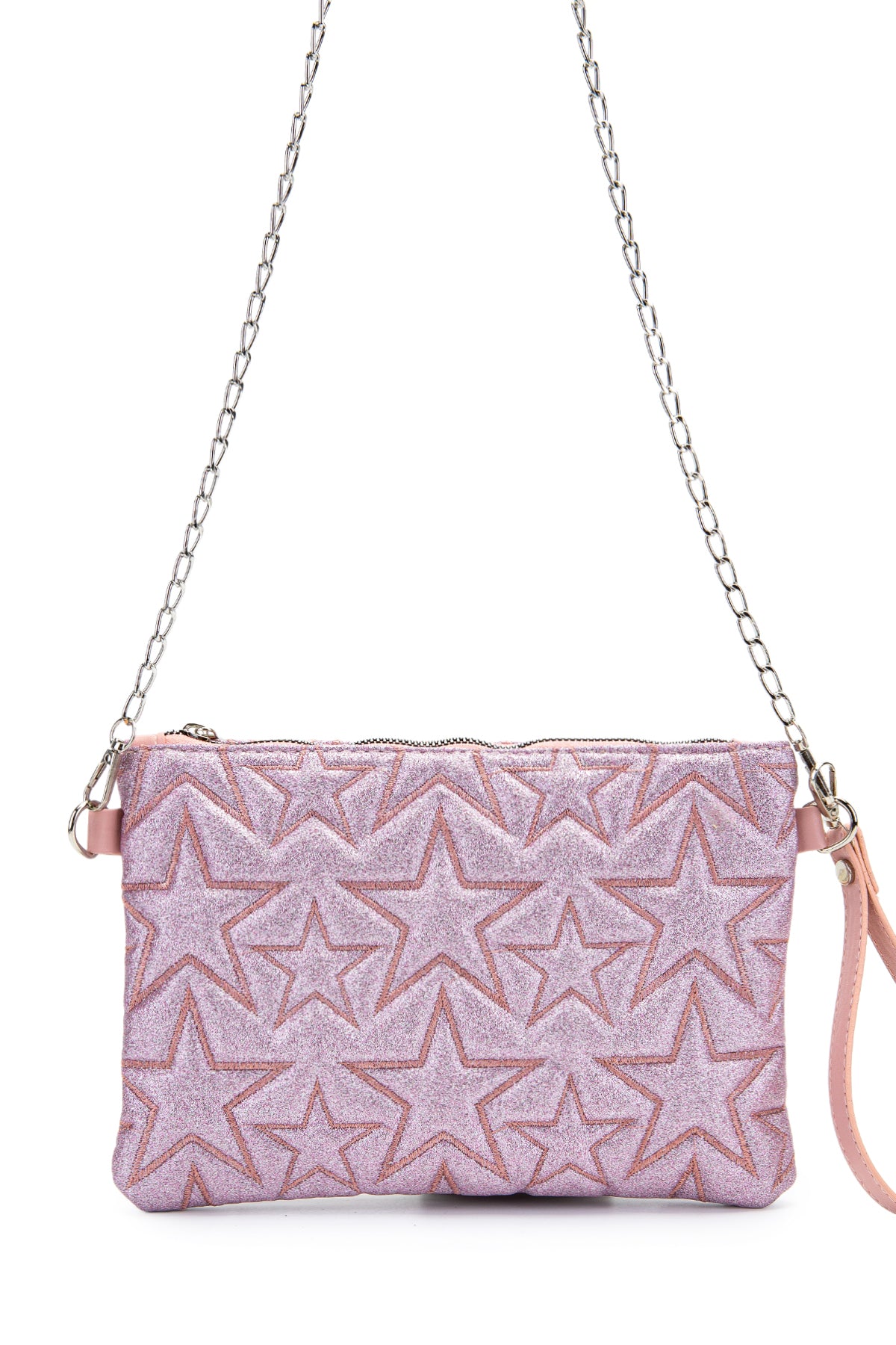 Dikişli Clutch Star Kadın Yıldız Çapraz Çanta Simli Pembe – Minebag