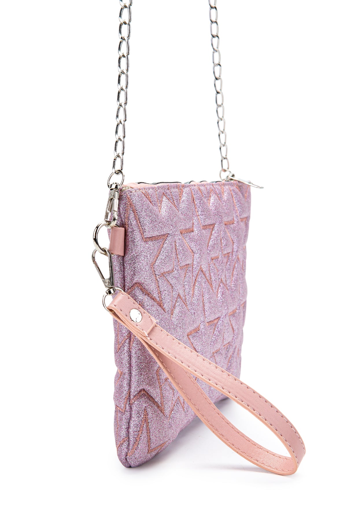 Dikişli Clutch Star Kadın Yıldız Çapraz Çanta Simli Pembe