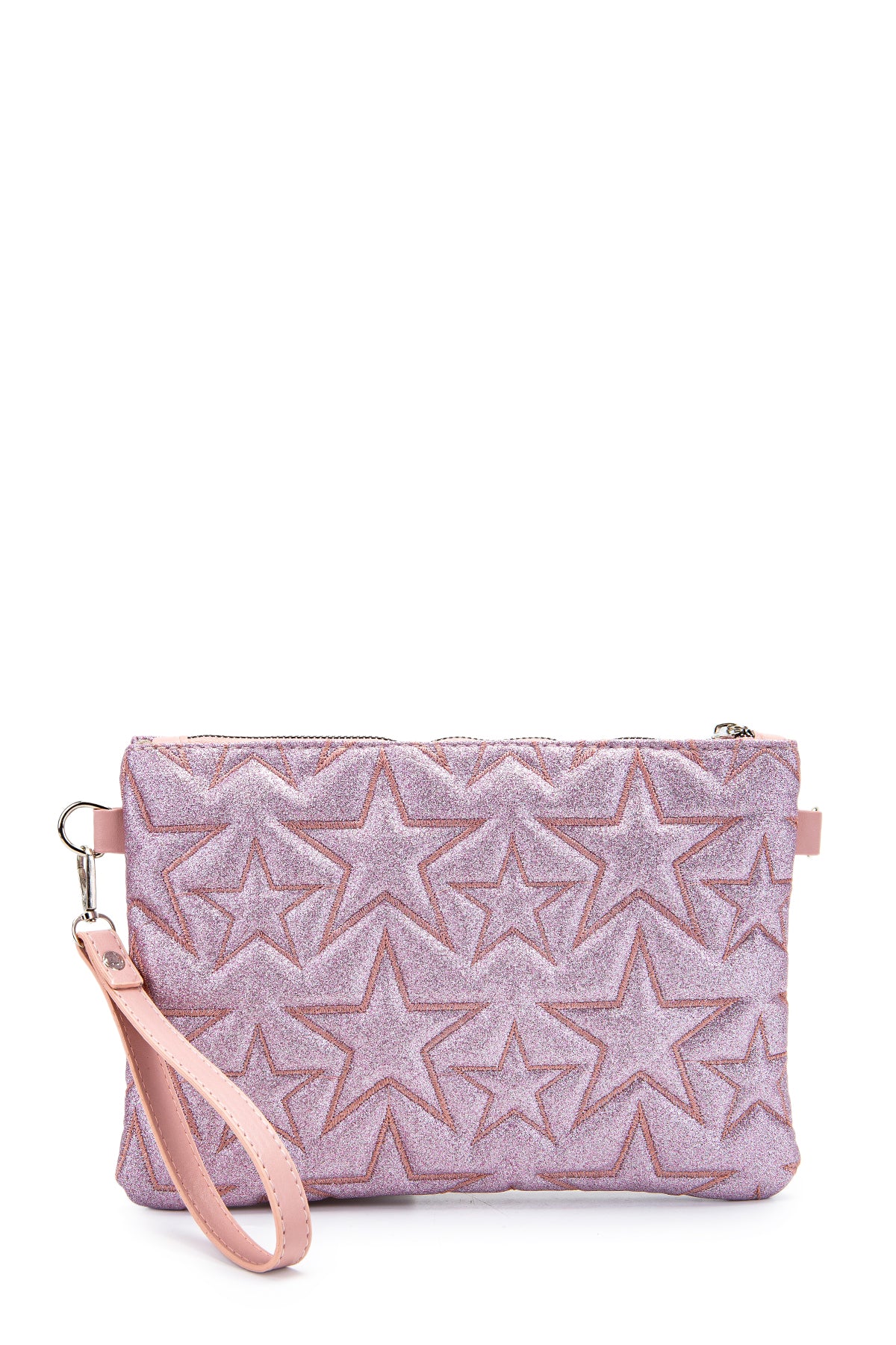 Dikişli Clutch Star Kadın Yıldız Çapraz Çanta Simli Pembe