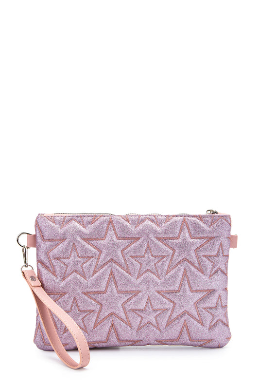 Dikişli Clutch Star Kadın Yıldız Çapraz Çanta Simli Pembe