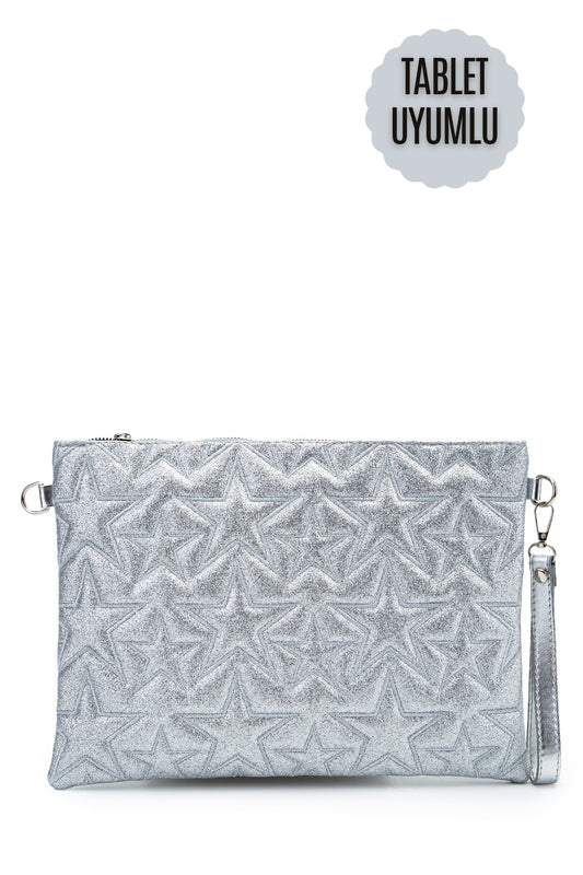 Tablet Boy Dikişli Clutch Star Kadın Yıldız Çapraz Çanta Tbstar Simli Gümüş