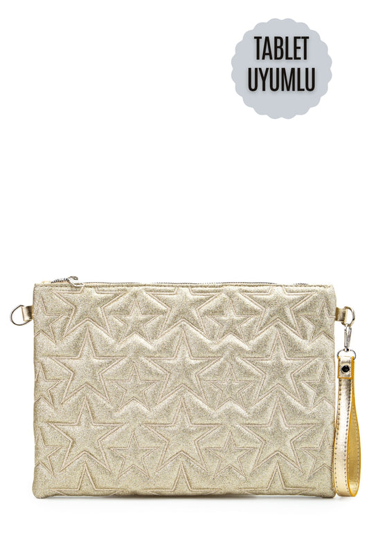 Tablet Boy Dikişli Clutch Star Kadın Yıldız Çapraz Çanta Tbstar Simli Gold