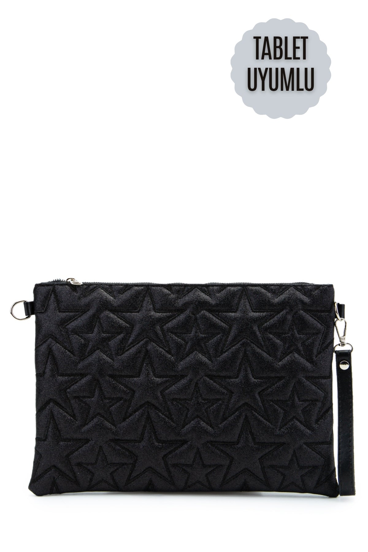 Tablet Boy Dikişli Clutch Star Kadın Yıldız Çapraz Çanta Tbstar Simli Siyah