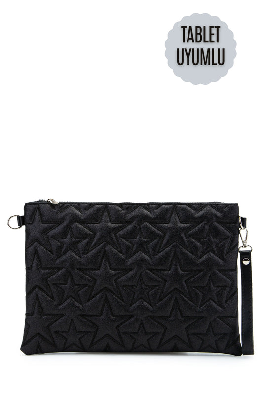 Tablet Boy Dikişli Clutch Star Kadın Yıldız Çapraz Çanta Tbstar Simli Siyah
