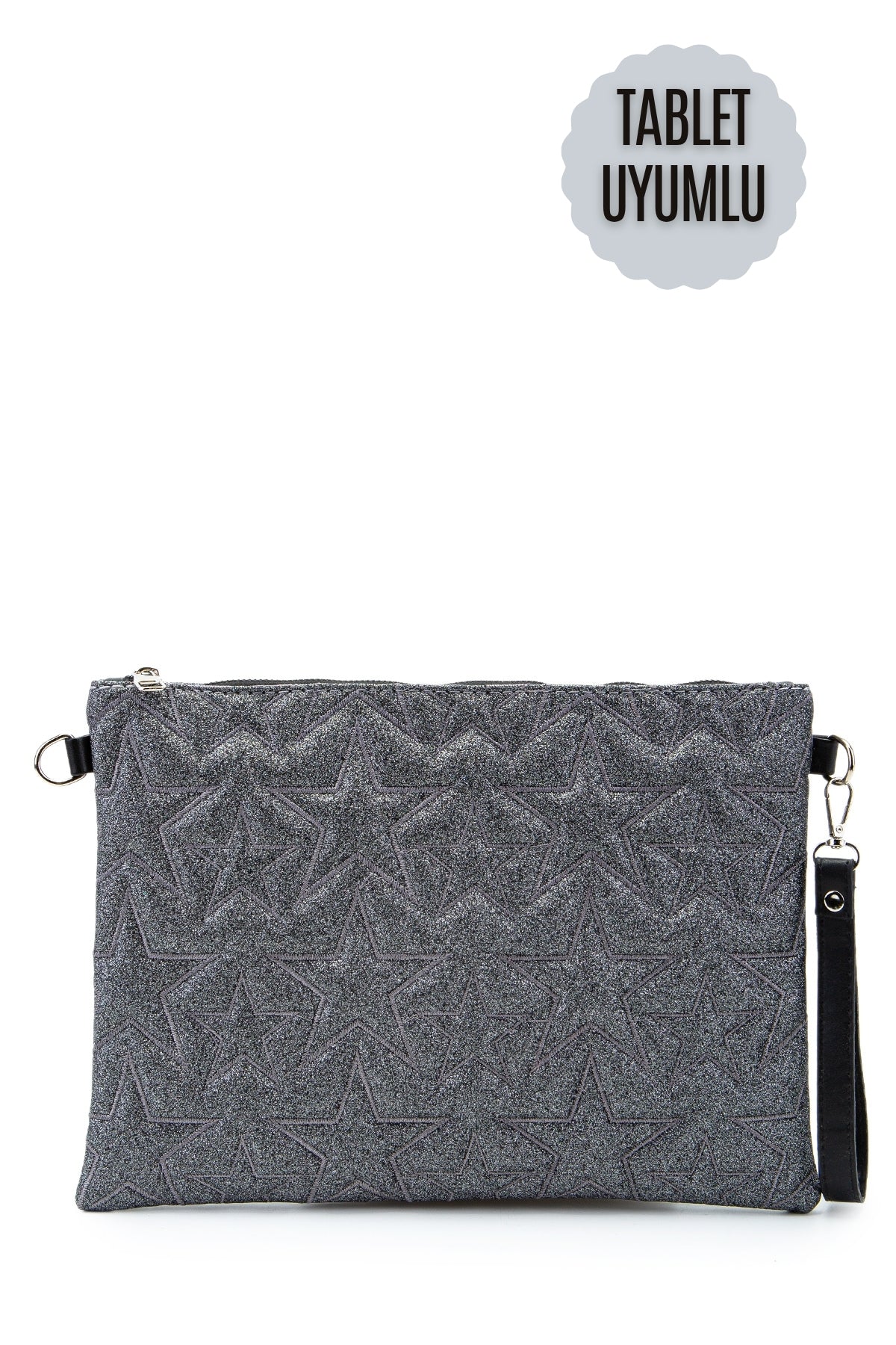 Tablet Boy Dikişli Clutch Star Kadın Yıldız Çapraz Çanta Tbstar Simli Antrasit
