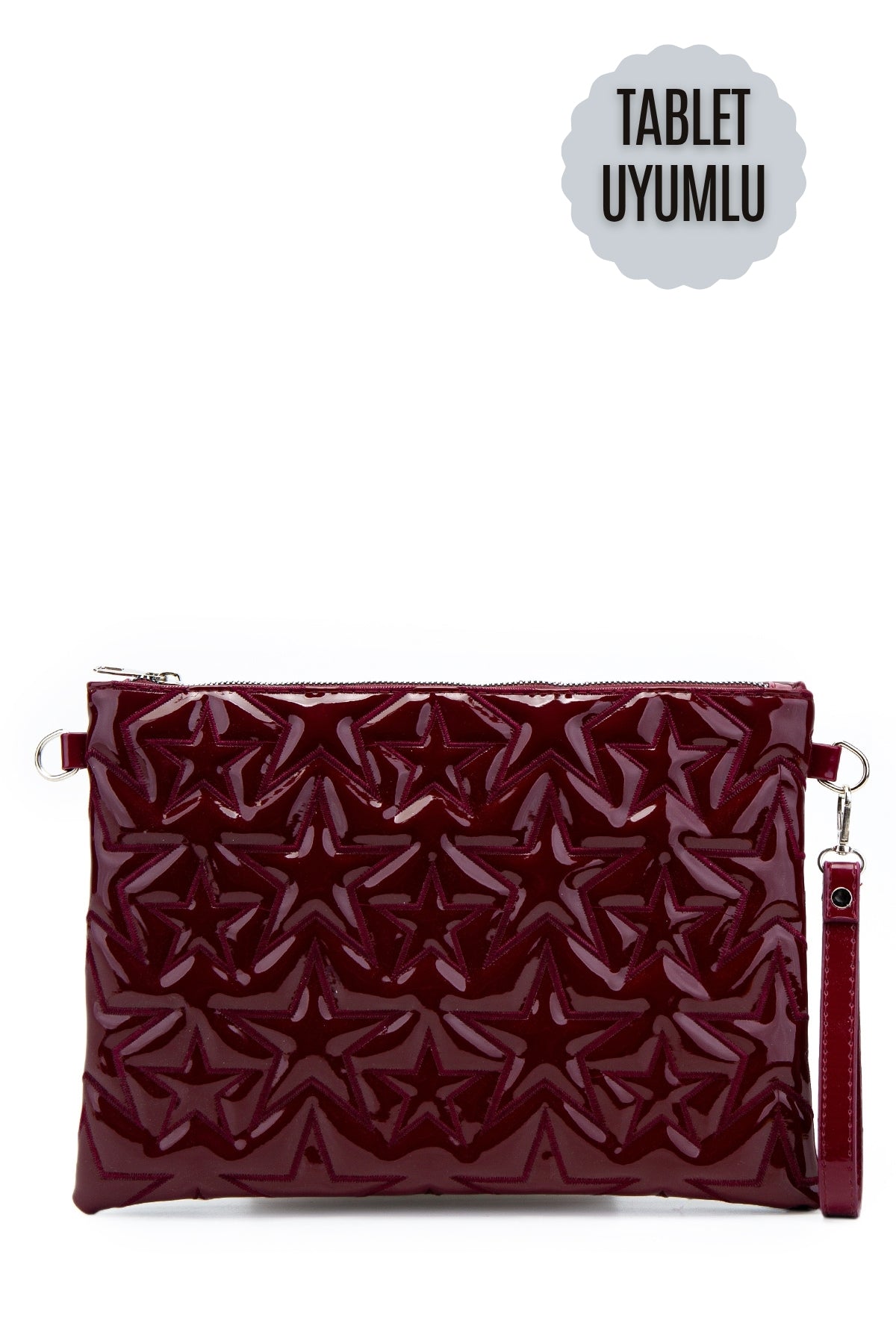 Tablet Boy Dikişli Clutch Suni Deri Kadın Yıldız Çapraz Çanta Tbstar Bordo Rugan