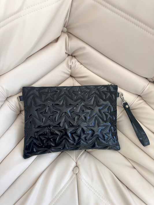 Tablet Boy Dikişli Clutch Suni Deri Kadın Yıldız Çapraz Çanta Tbstar Siyah Rugan