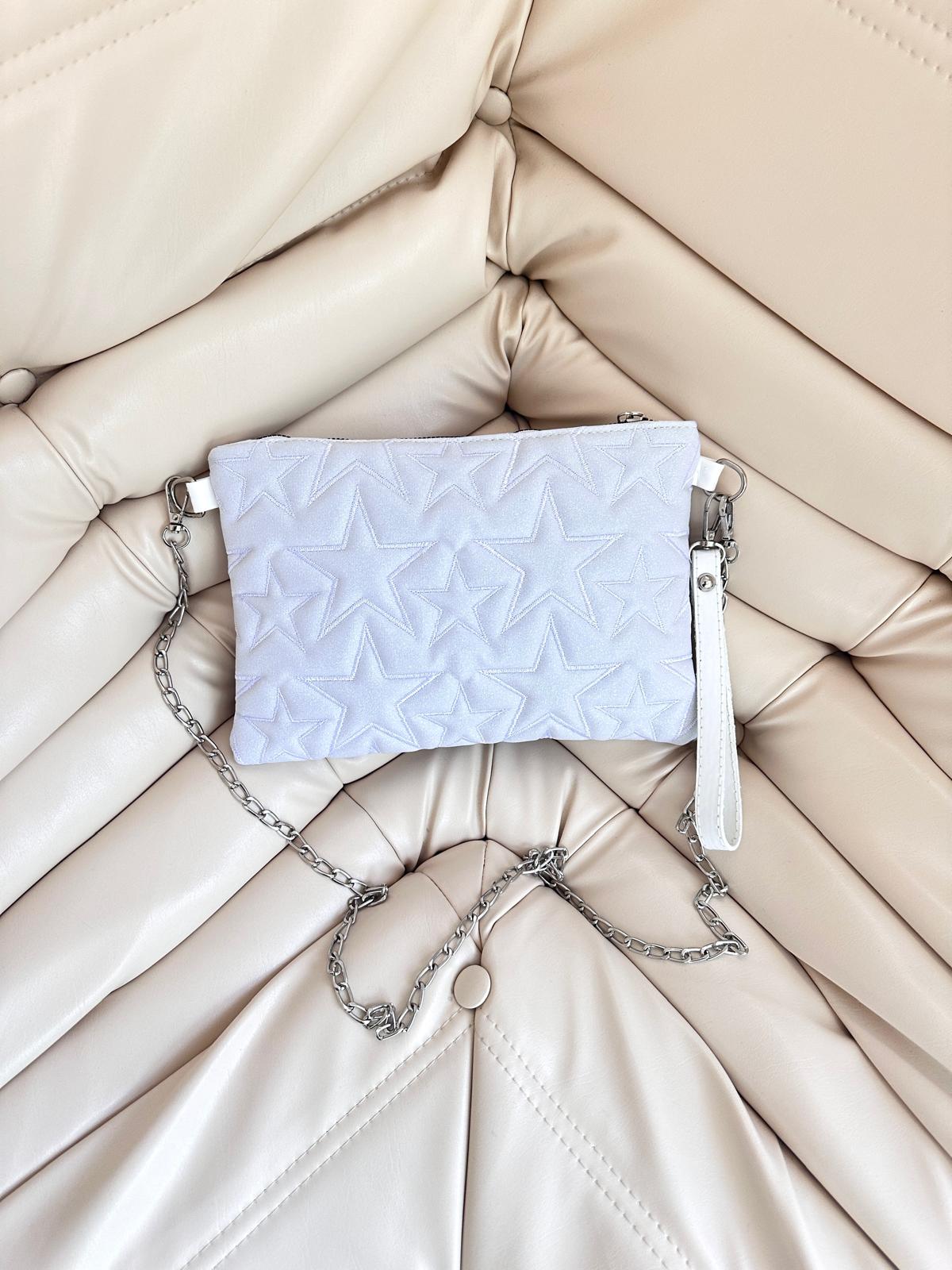 Dikişli Clutch Star Kadın Yıldız Çapraz Çanta Simli Beyaz