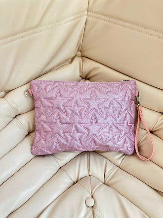 Tablet Boy Dikişli Clutch Star Kadın Yıldız Çapraz Çanta Tbstar Simli Pembe