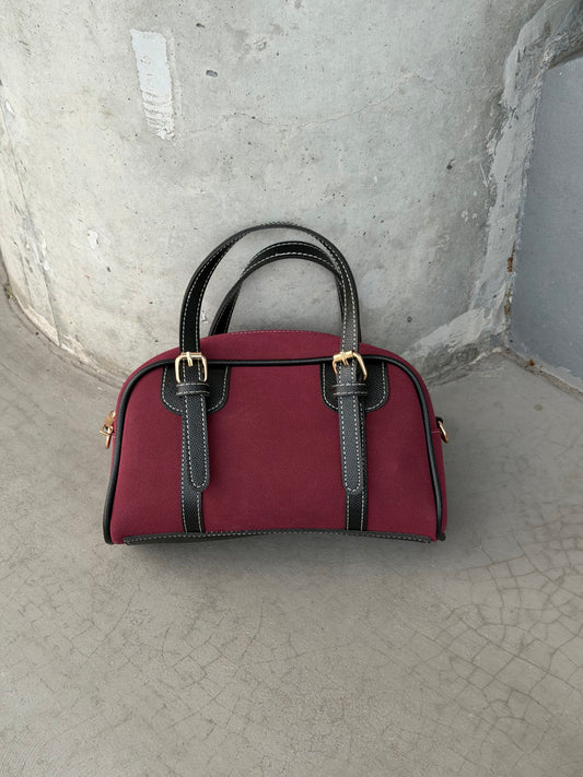 Süet Deri Kombinasyonlu Çift Kemer Detaylı Garne Kadın Çapraz Çanta Bordo