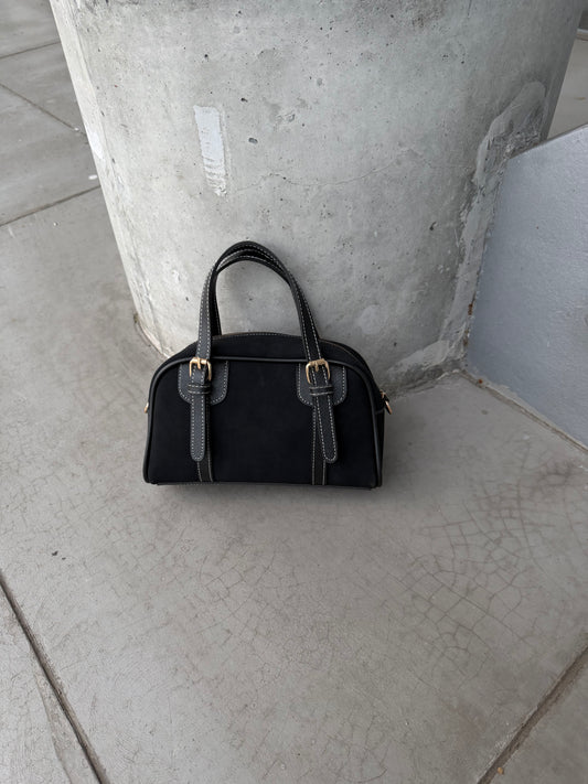 Süet Deri Kombinasyonlu Çift Kemer Detaylı Garne Kadın Çapraz Çanta Siyah