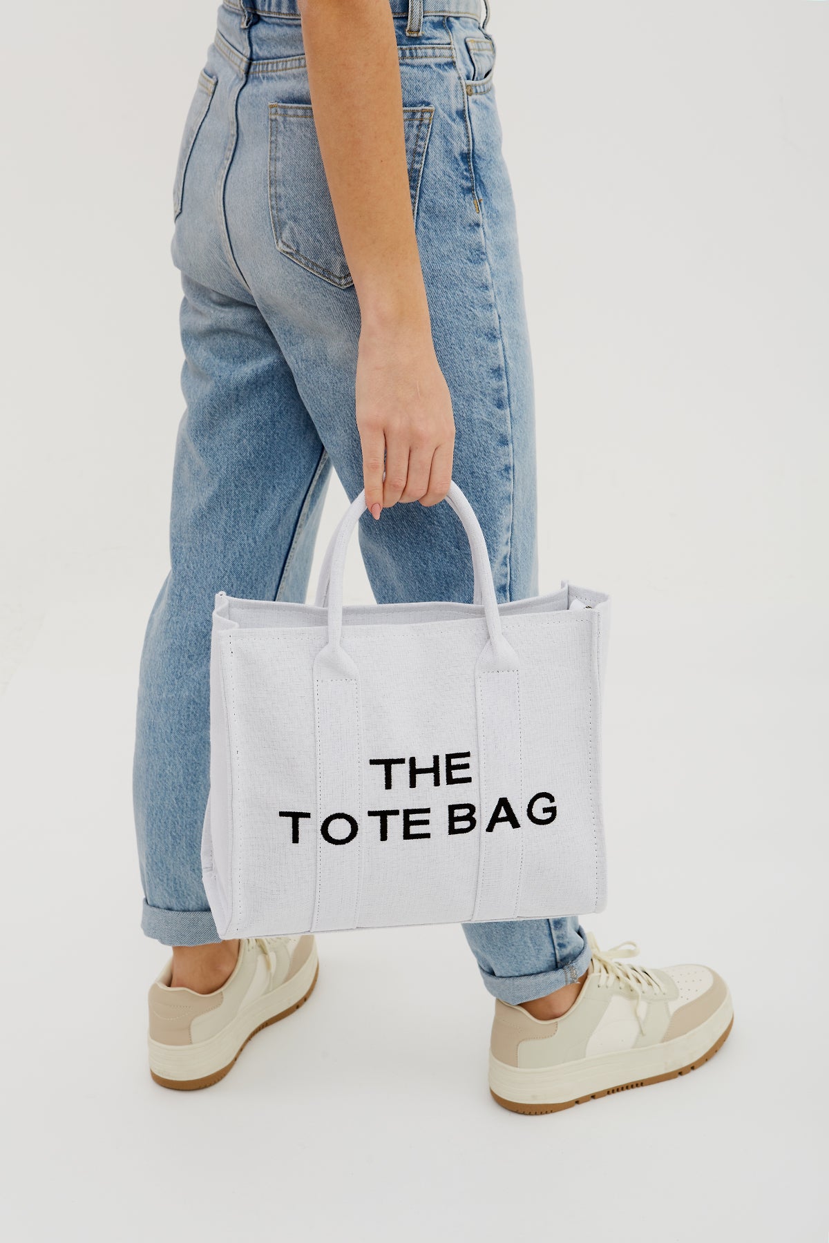 Uzun Askılı Kanvas Kumaş Tote Bag Kadın Çanta Beyaz